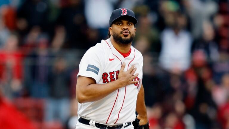 Boston Red Sox's Kenley Jansen plays against the Tampa Bay Rays during the ninth inning of the first game of a baseball doubleheader, Saturday, June 3, 2023, in Boston.